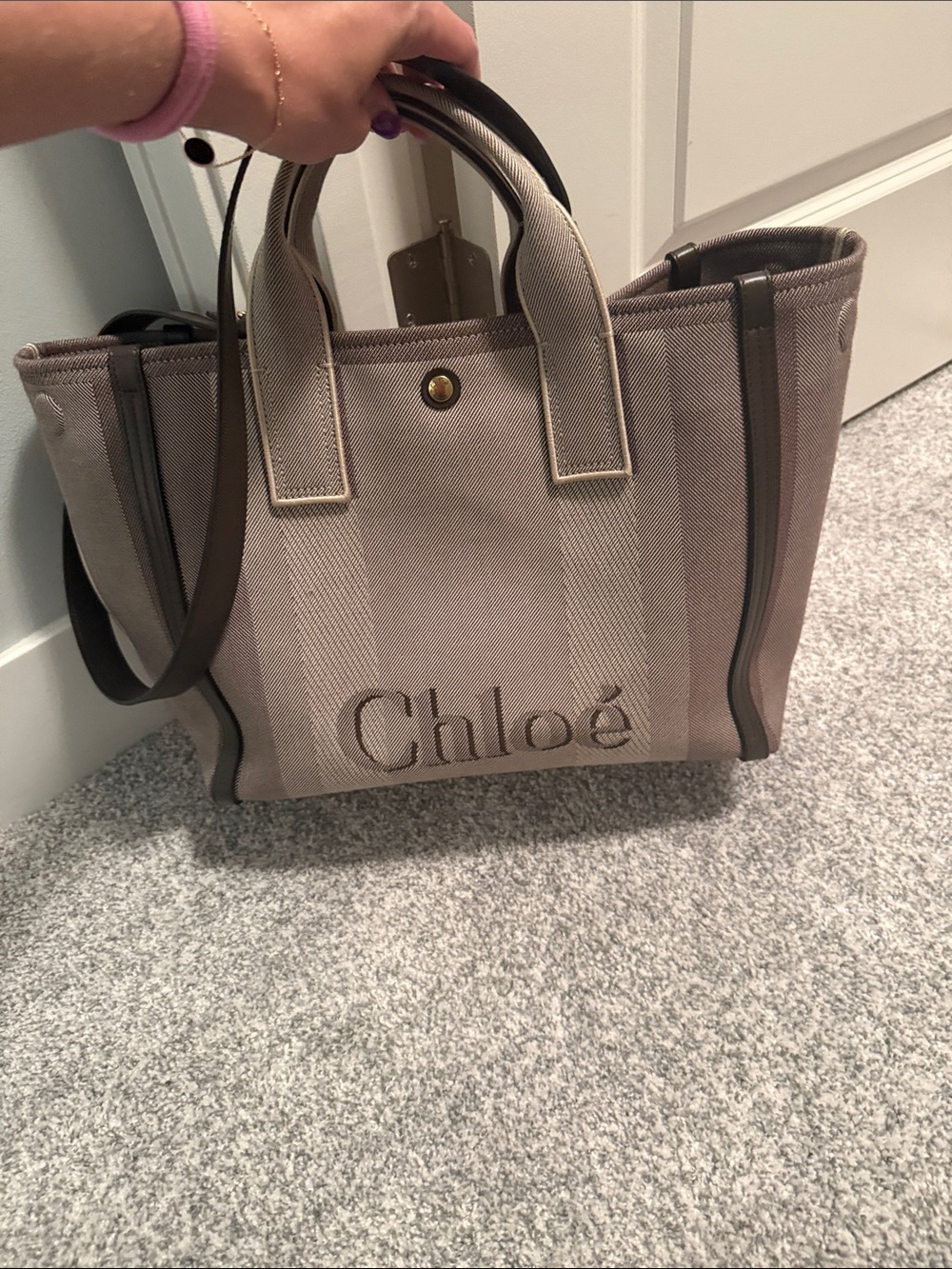 Chloé Canvas Tote Bag in Taupe and Dark Brown
